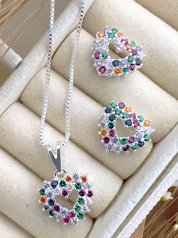 Conjunto Colar e Brincos Coração Colorido Prata - Imagem 4