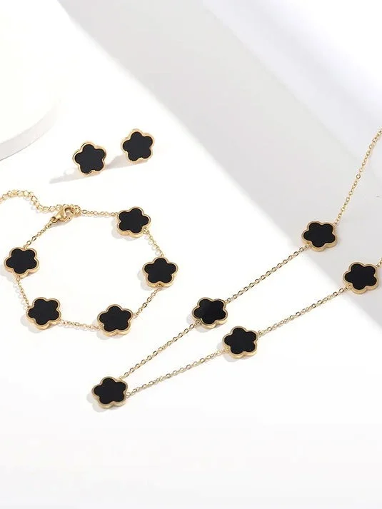 Conjunto Colar, Pulseira e Brincos Trevo Preto